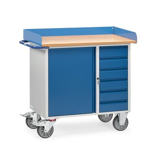 Fetra Werkstattwagen mit 1 Schrank, 6 Schubladen, Arbeitsplatte mit Abrollrand, blau
