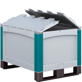 Schwerlastkufenbehälter mit anscharniertem zweiteiligem Klappdeckel, Grundmaß L x B 800 x 600 mm