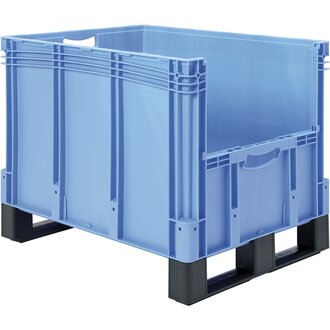 Kufenbehälter / Eurostapelbehälter XL, mit stirnseitiger Sicht-/Entnahmeöffnung und Kufen, Doppelboden, Grundmaß L x B 800 x 600 mm